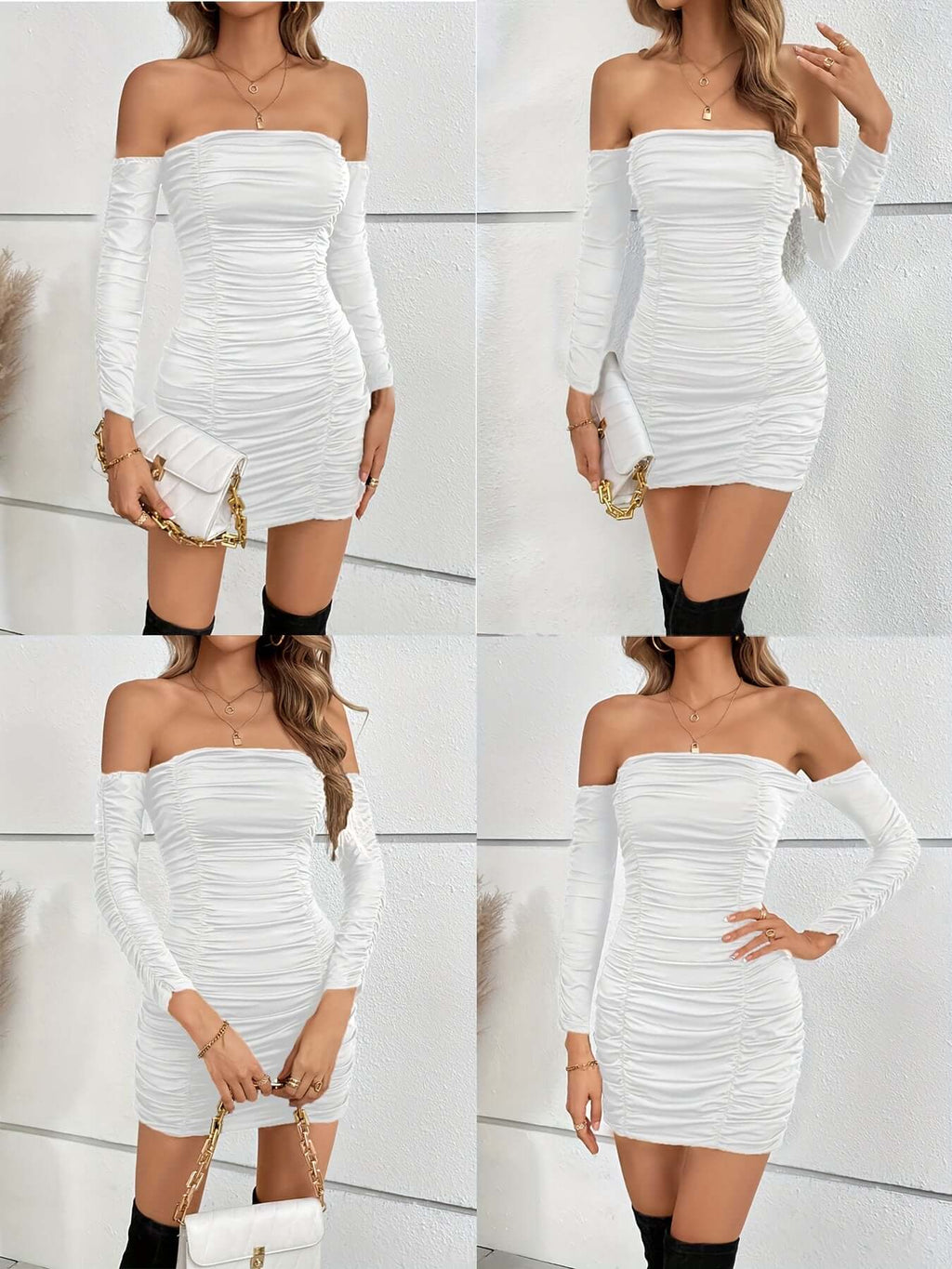 Solid Off Shoulder Long Sleeve Ruffled Dress - All you Need