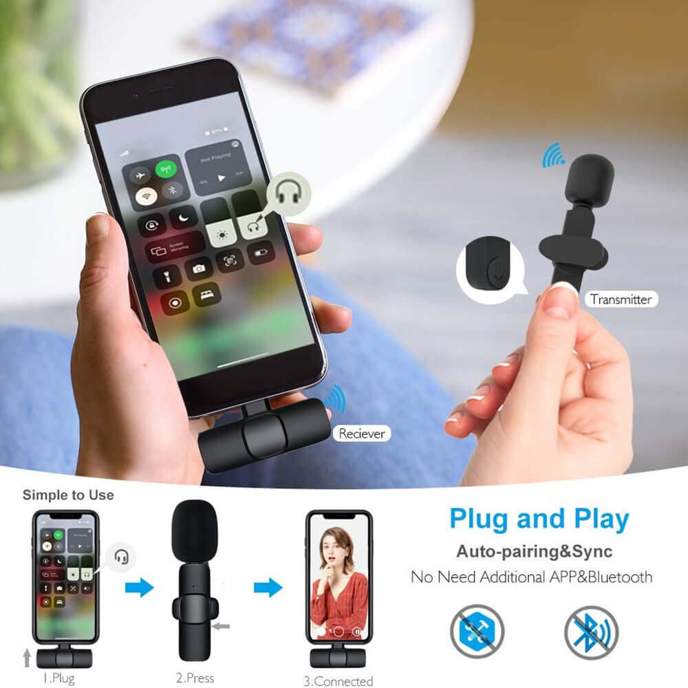 Wireless clip-on microphone with noise reduction connected to a smartphone for easy audio recording.