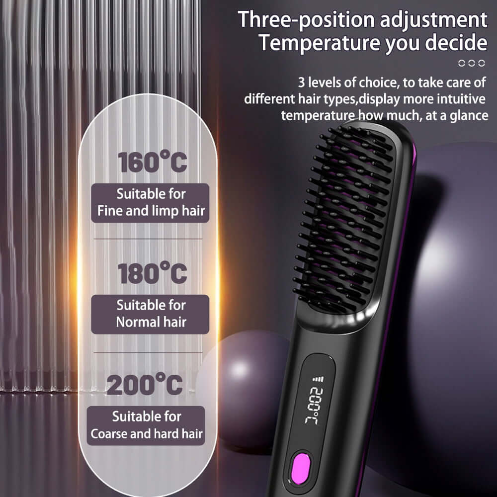 Cordless hair straightener brush showing three temperature settings: 160°C, 180°C, and 200°C for various hair types.
