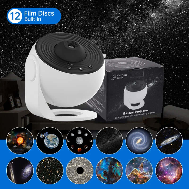 12-in-1 Galaxy Projector Night Light features, showcasing built-in film discs and a stunning cosmic design.