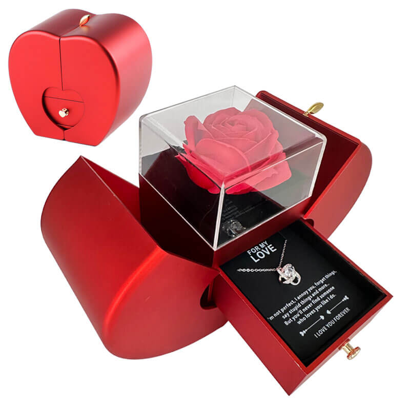 Handmade rose jewelry box featuring a red heart shape, a preserved rose, and a necklace inside, perfect for gifting.