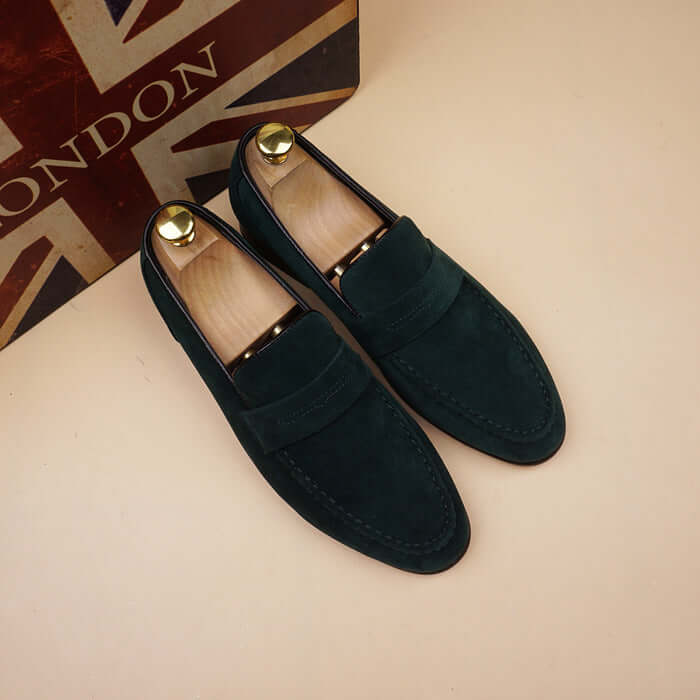 Premium men's leather shoes in dark green suede, perfect for everyday smart wear and formal occasions.