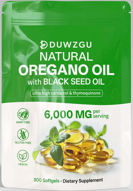 Duwzgu Natural Oregano Oil with Black Seed Oil, 300 softgels dietary supplement for health benefits.