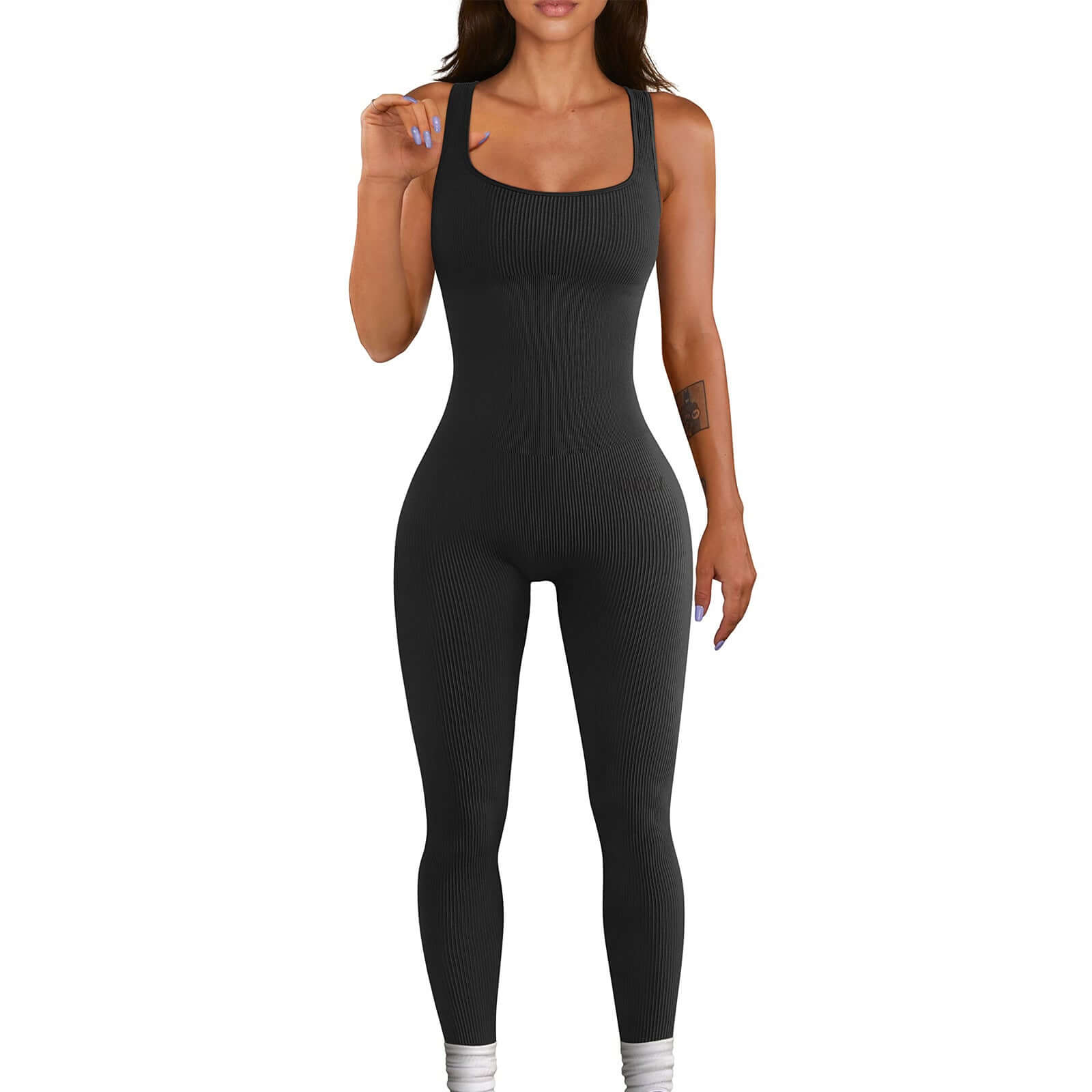 Womens sleeveless vest bodysuit in black, fitted style for everyday layering and casual wear.
