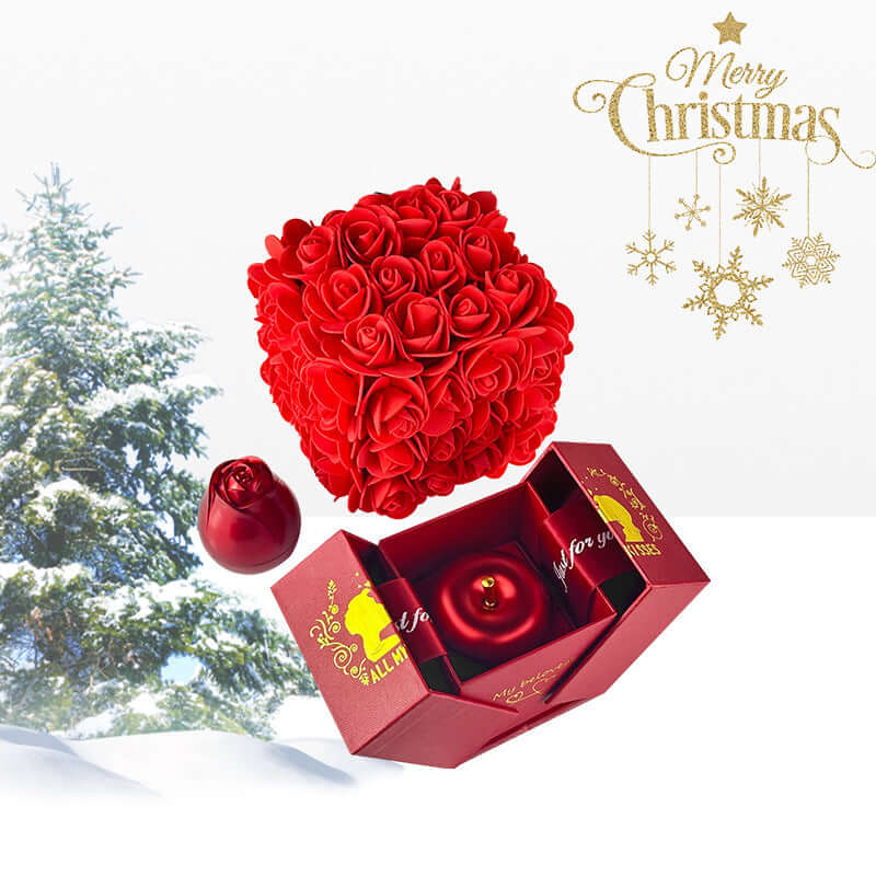luxury rose gift box with crystal pendant, red rose gift box with pendant on a winter Christmas background.