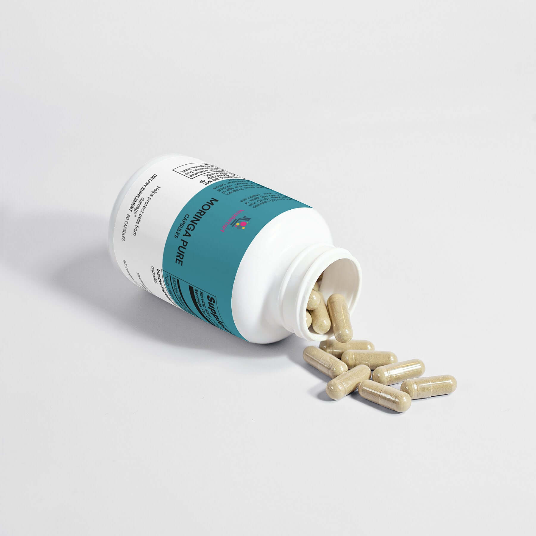 Moringa pure nutrient supplement bottle with capsules spilled, promoting energy and wellness benefits.