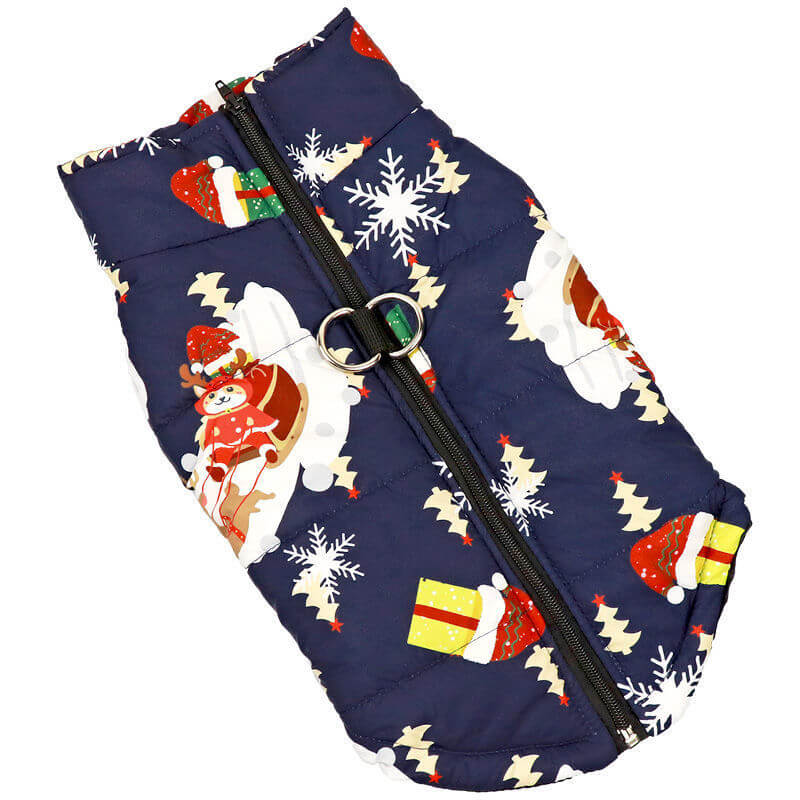 Christmas dog vest in navy blue with festive decorations, perfect for holiday celebrations.