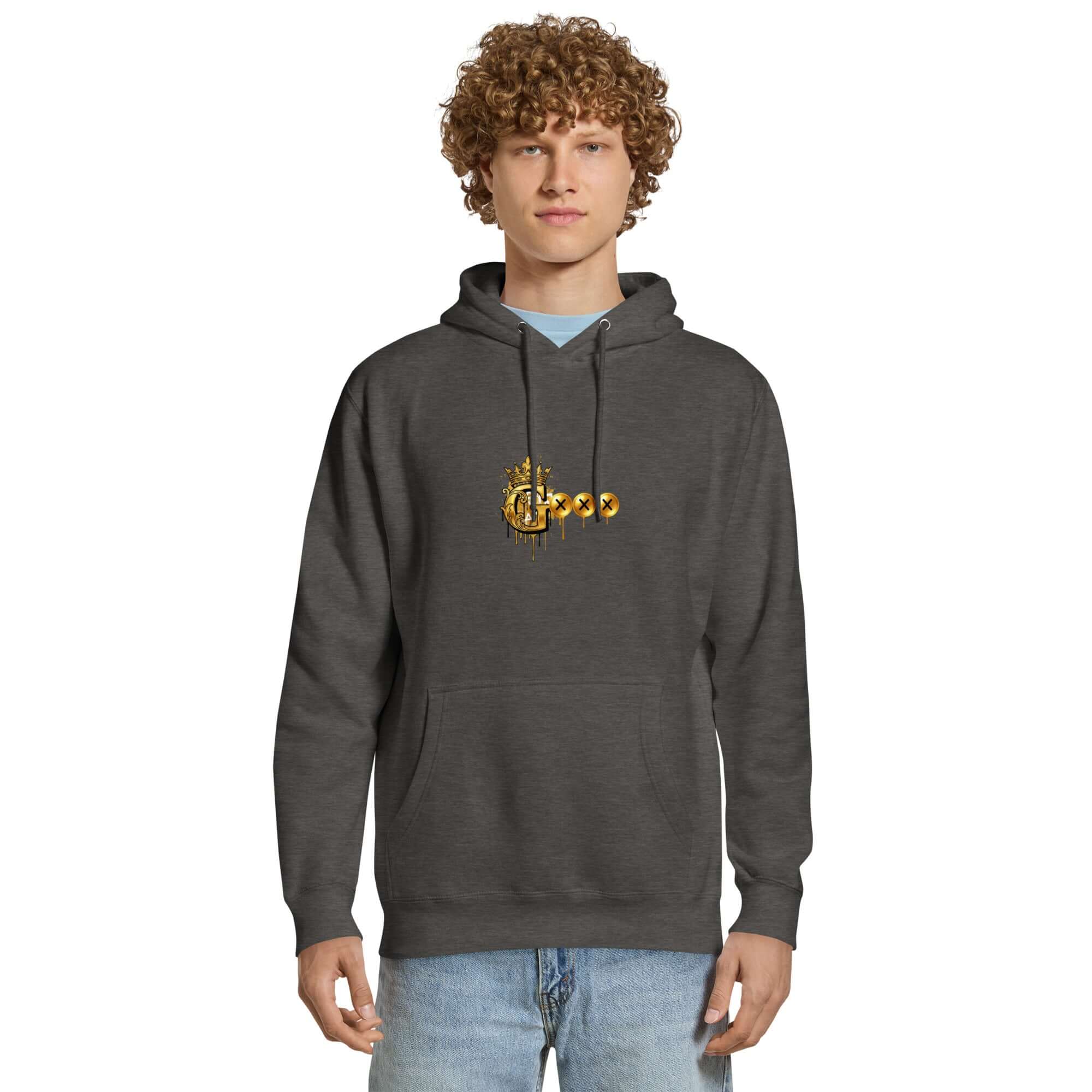 Unisex premium hoodie in charcoal gray worn by a model, featuring a stylish graphic design.