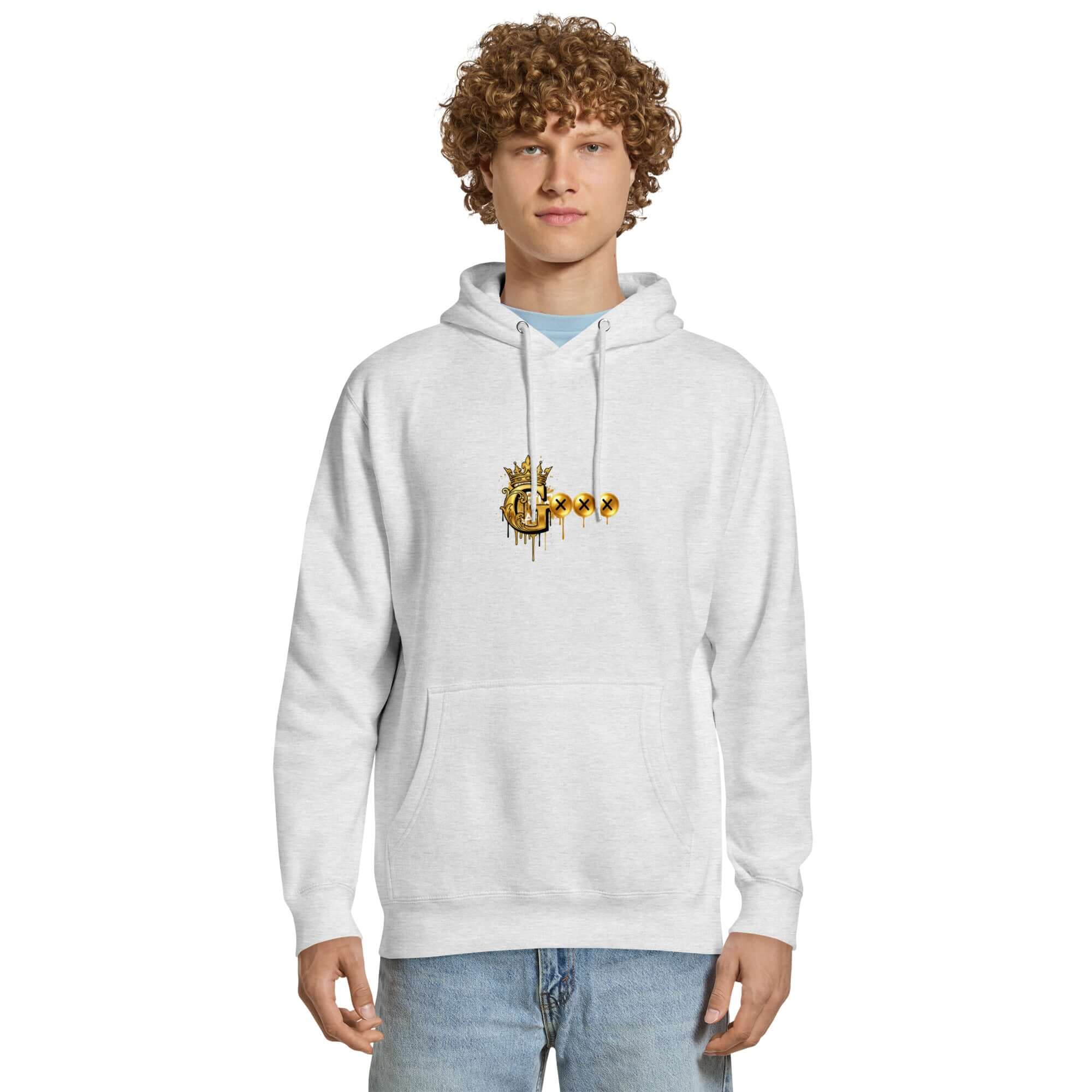 Unisex premium hoodie in heather gray featuring a stylish graphic design, perfect for streetwear and everyday comfort.