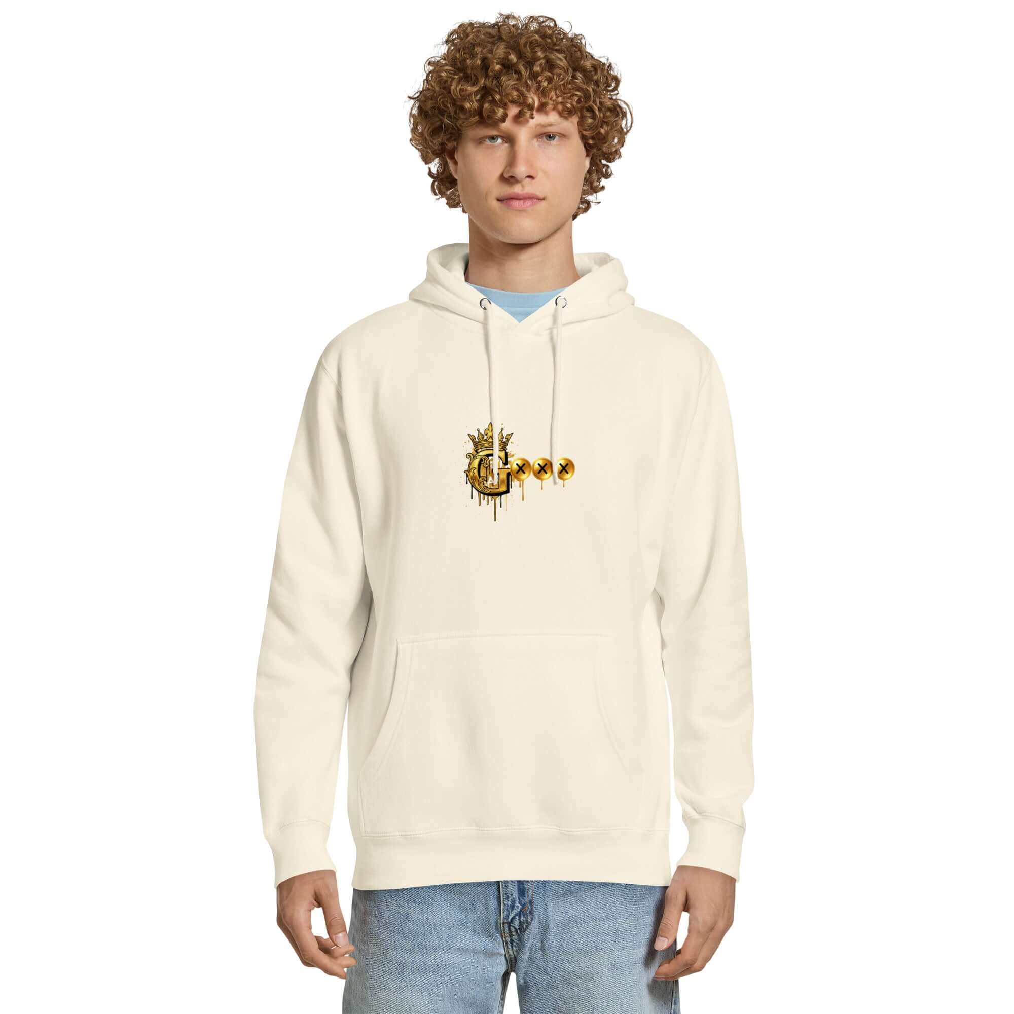 Model wearing unisex premium hoodie with unique graphic design on a light background.