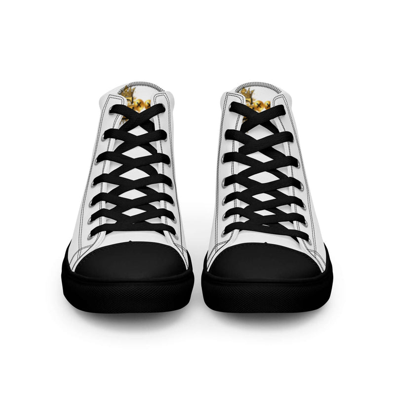 men's high top canvas shoes, white with black laces, black toe caps, and subtle gold pattern for stylish daily wear.